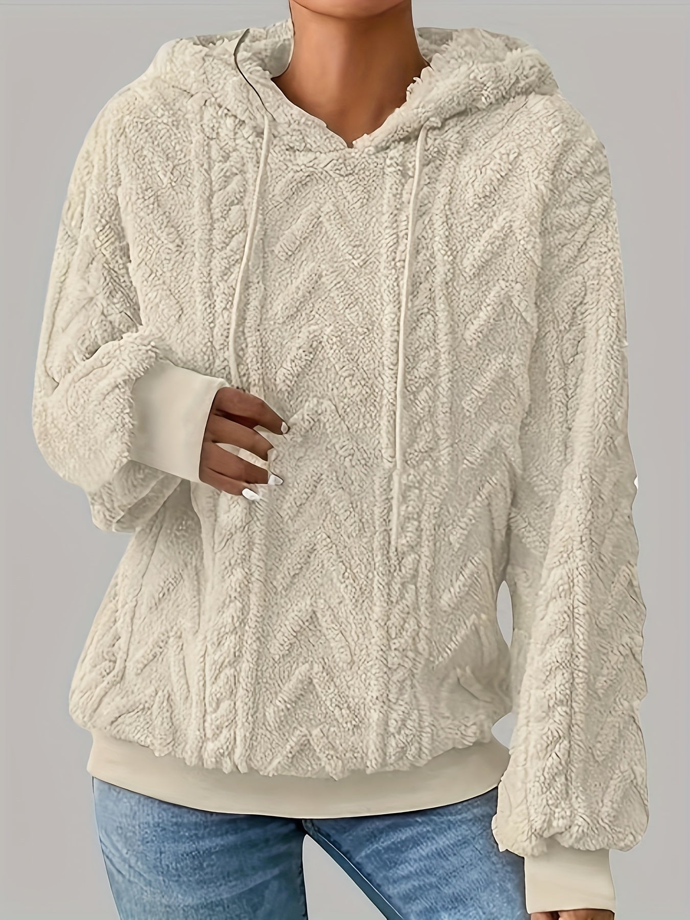 Comfortable Cable Knit Fleece Hoodie for Women with Drawstring Hood Long Sleeve Ribbed Cuff Oversized Style