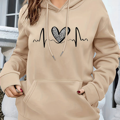 Effortless Heartbeat Print Hoodie for Women with Drawstring Long Sleeve Kangaroo Pocket Relaxed Style
