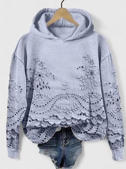 Effortless Eyelet Embroidered Cropped Hoodie for Women with Hood Long Sleeve Scalloped High Low Hem Bohemian Style
