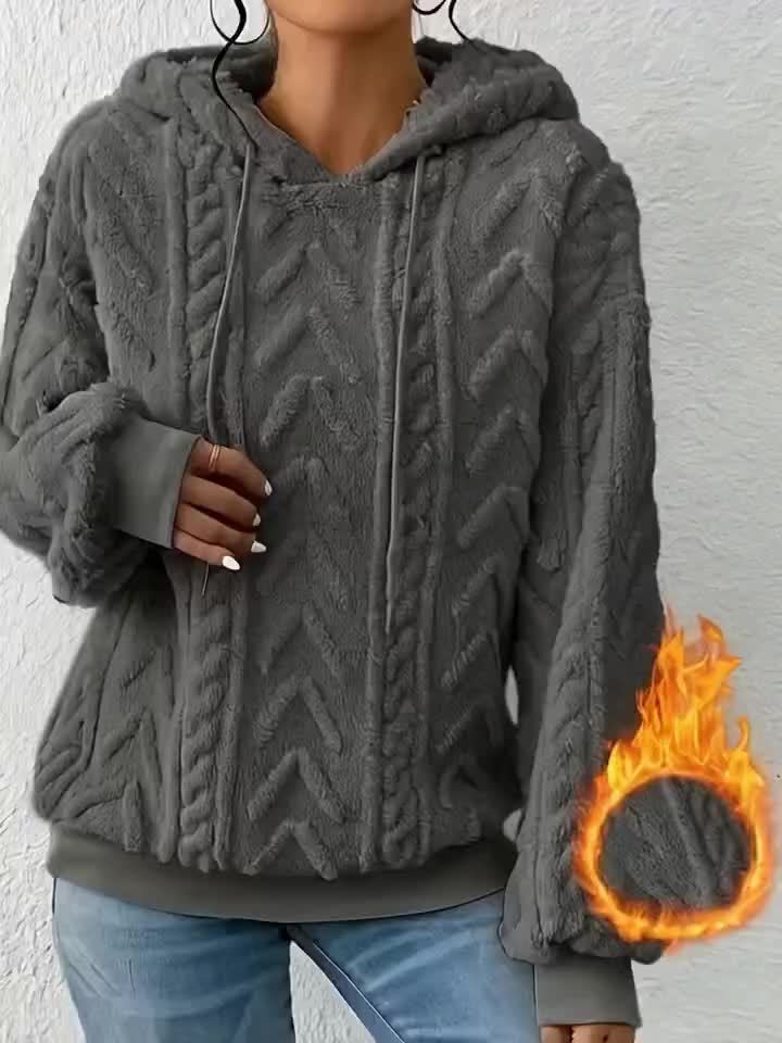 Comfortable Cable Knit Fleece Hoodie for Women with Drawstring Hood Long Sleeve Ribbed Cuff Oversized Style
