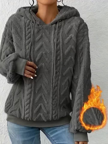 Comfortable Cable Knit Fleece Hoodie for Women with Drawstring Hood Long Sleeve Ribbed Cuff Oversized Style