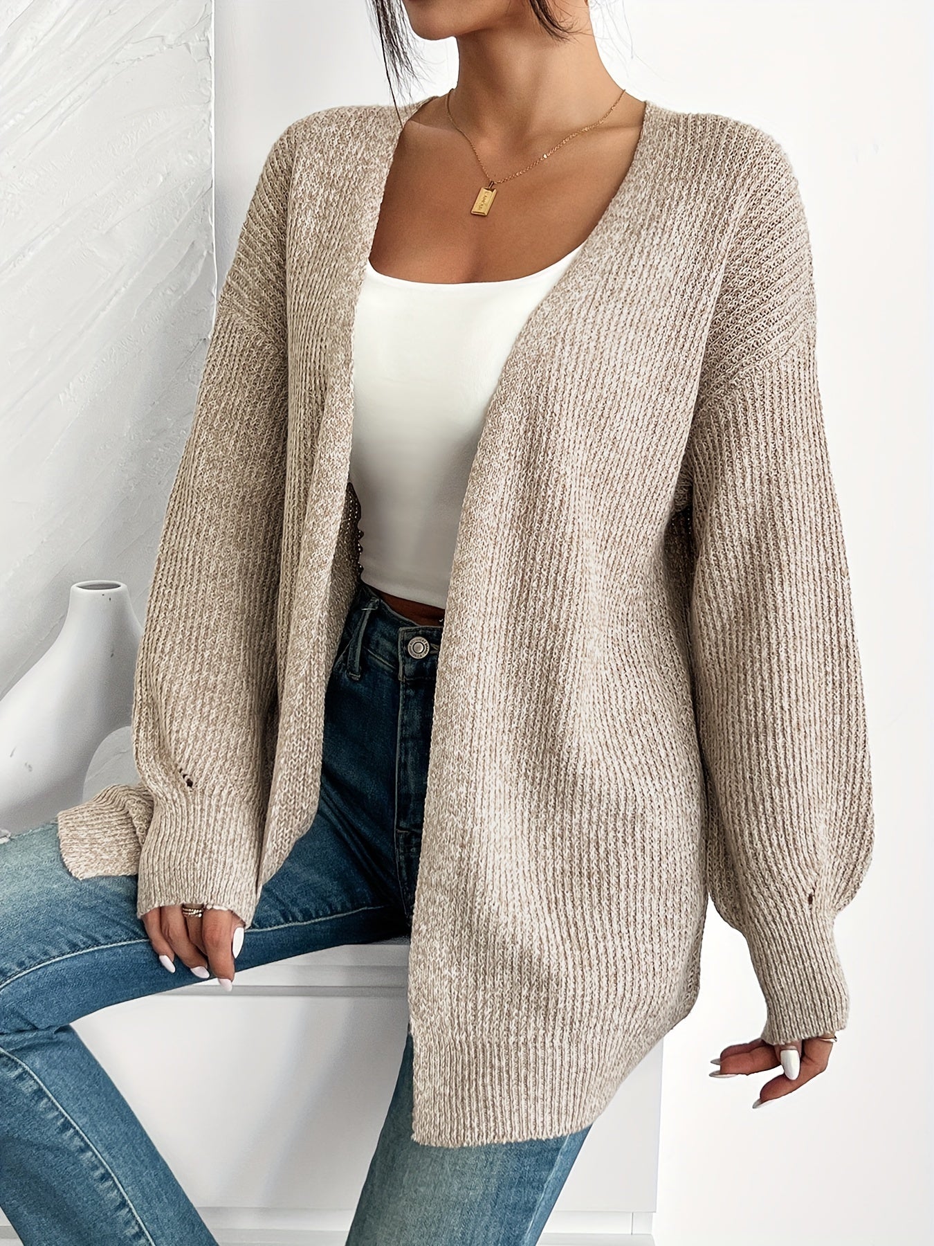 Comfortable Light Yellow Ribbed Cardigan for Women with Open Front Balloon Sleeve Oversized Knit Style