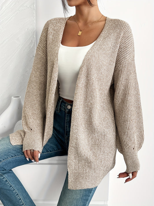 Comfortable Light Yellow Ribbed Cardigan for Women with Open Front Balloon Sleeve Oversized Knit Style