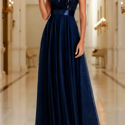 Elegant Embroidered Sequin Maxi Dress for Women with V Neck Sleeveless A Line Formal Wedding Guest Style