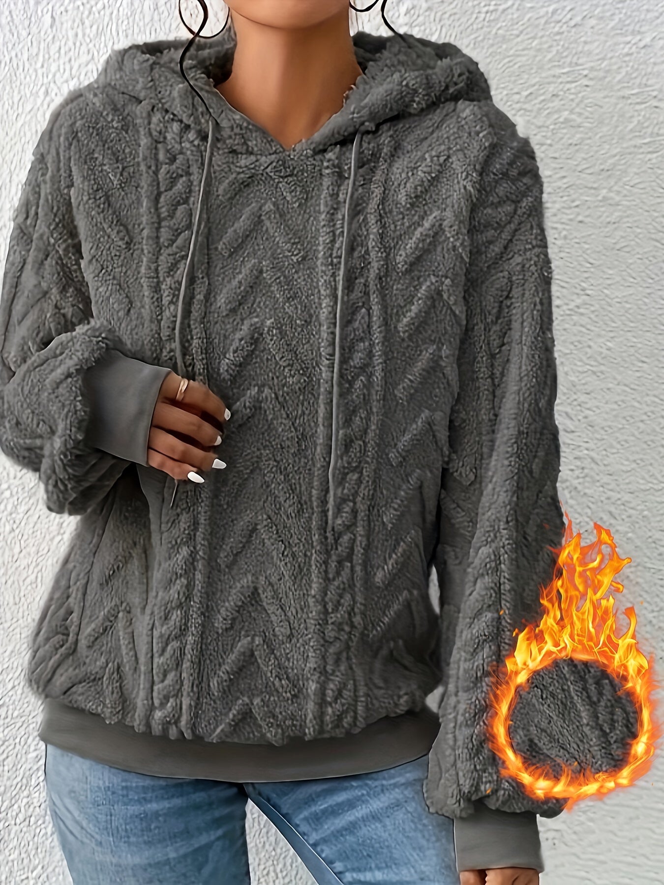 Comfortable Cable Knit Fleece Hoodie for Women with Drawstring Hood Long Sleeve Ribbed Cuff Oversized Style