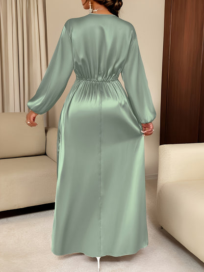 Elegant Satin Wrap Maxi Dress for Women with V Neck Bishop Sleeve Pleated Waist High Slit Flowing Style