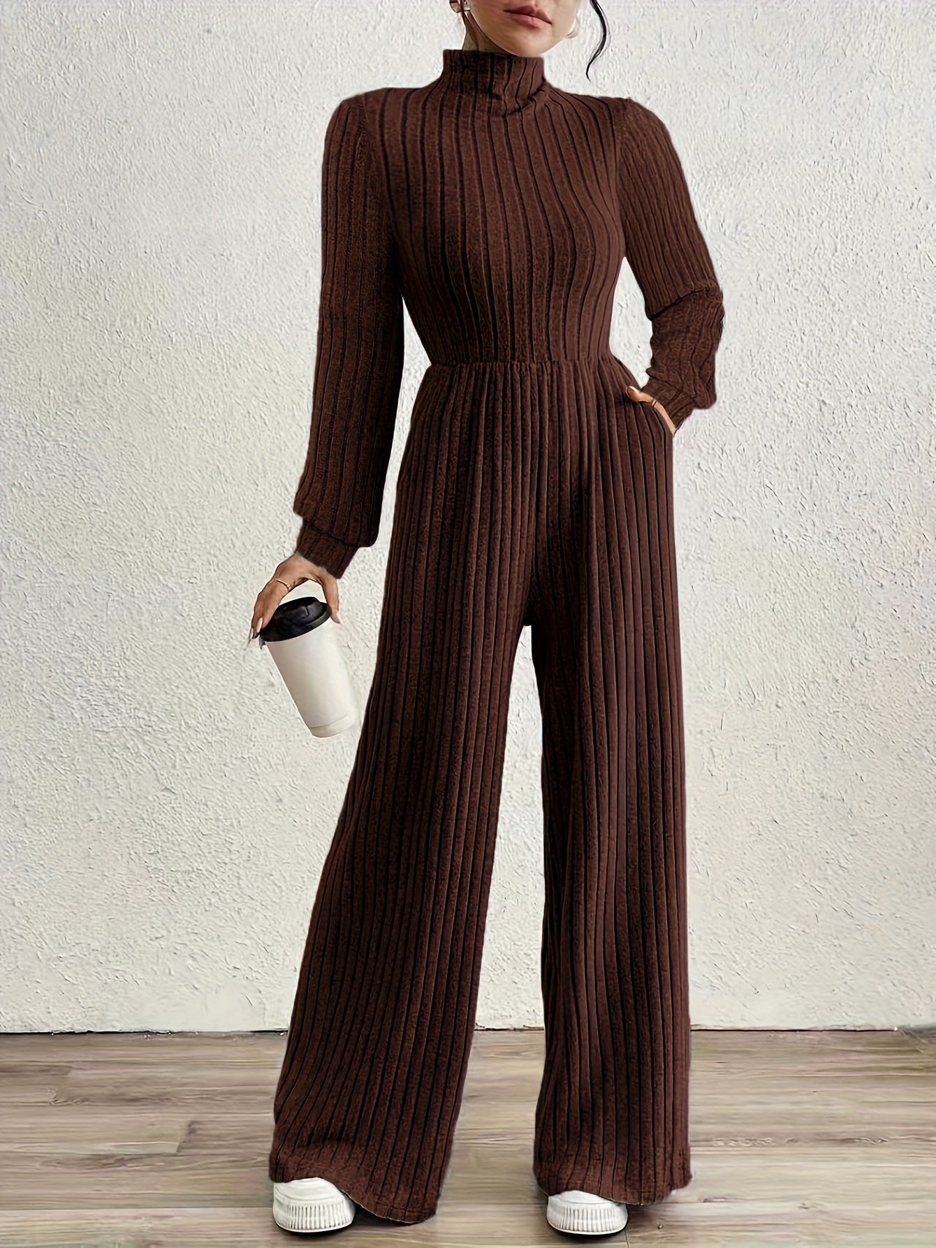 Elegant Ribbed Knit Jumpsuit for Women with Mock Neck Long Sleeve Wide Leg Casual Style