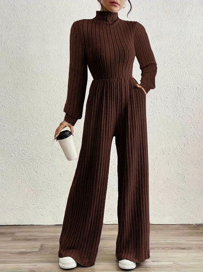 Elegant Ribbed Knit Jumpsuit for Women with Mock Neck Long Sleeve Wide Leg Casual Style