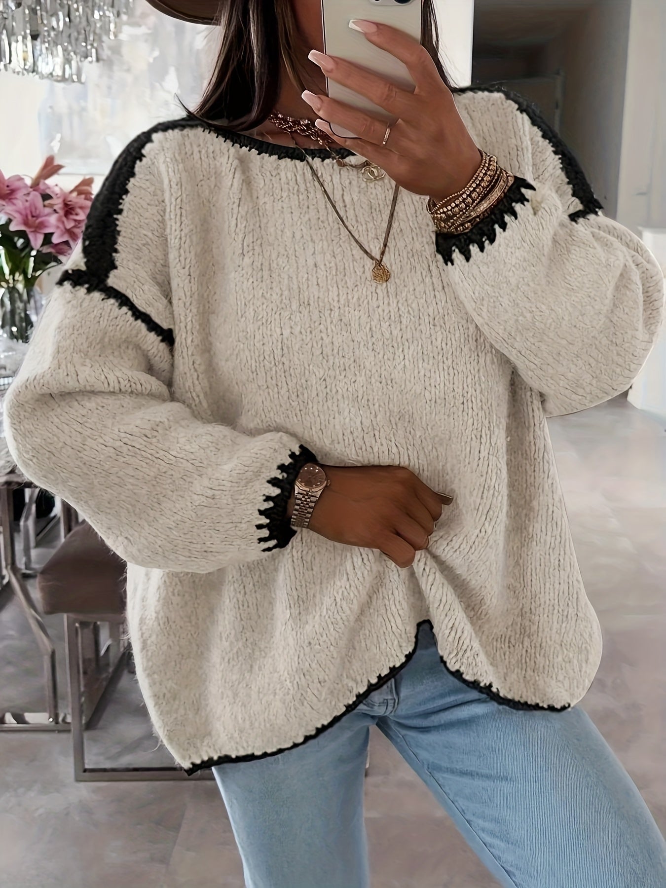 Comfortable Contrast Trim Sweater for Women with Crew Neck Long Sleeve Relaxed Oversized Knit Style