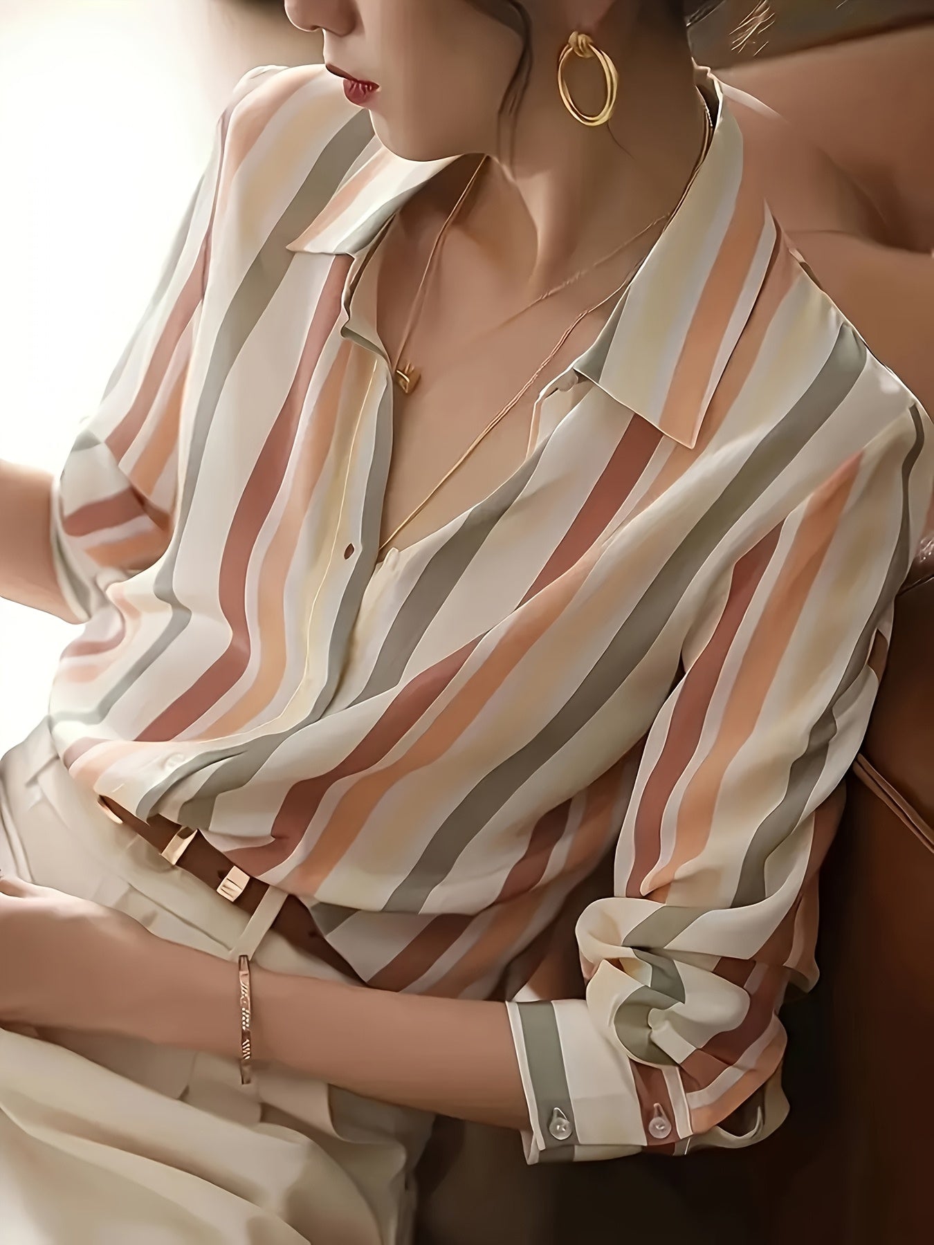 Effortless Striped Blouse for Women with Collar Long Sleeve Button Front Relaxed Style