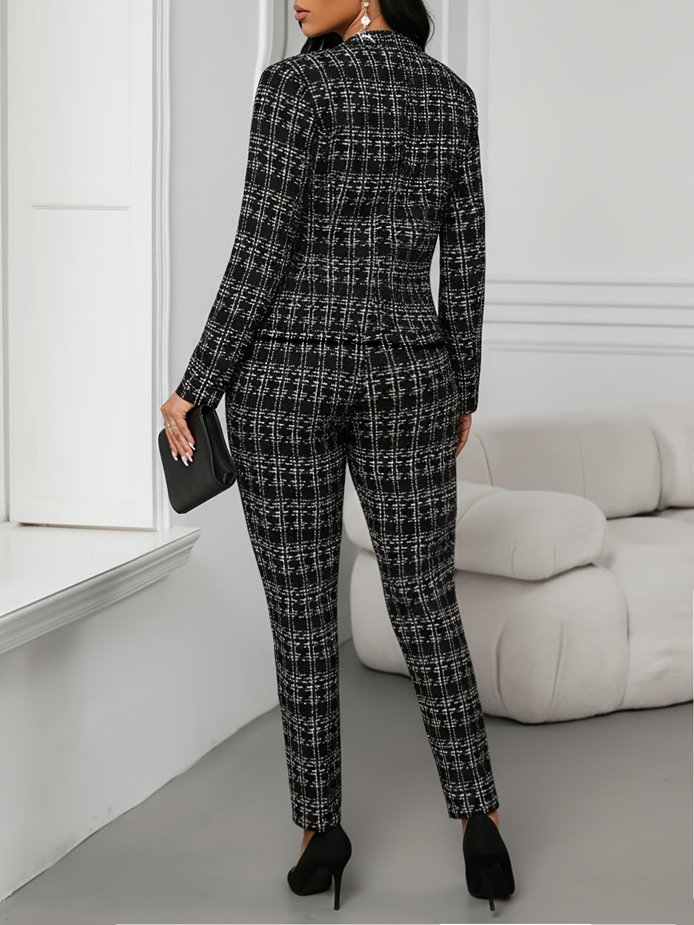 Elegant Plaid Tweed Two Piece Set for Women with Stand Collar Double Breasted Jacket Tailored Pant Formal Style