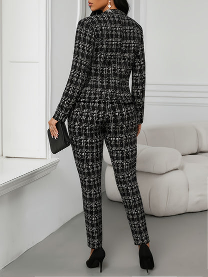 Elegant Plaid Tweed Two Piece Set for Women with Stand Collar Double Breasted Jacket Tailored Pant Formal Style