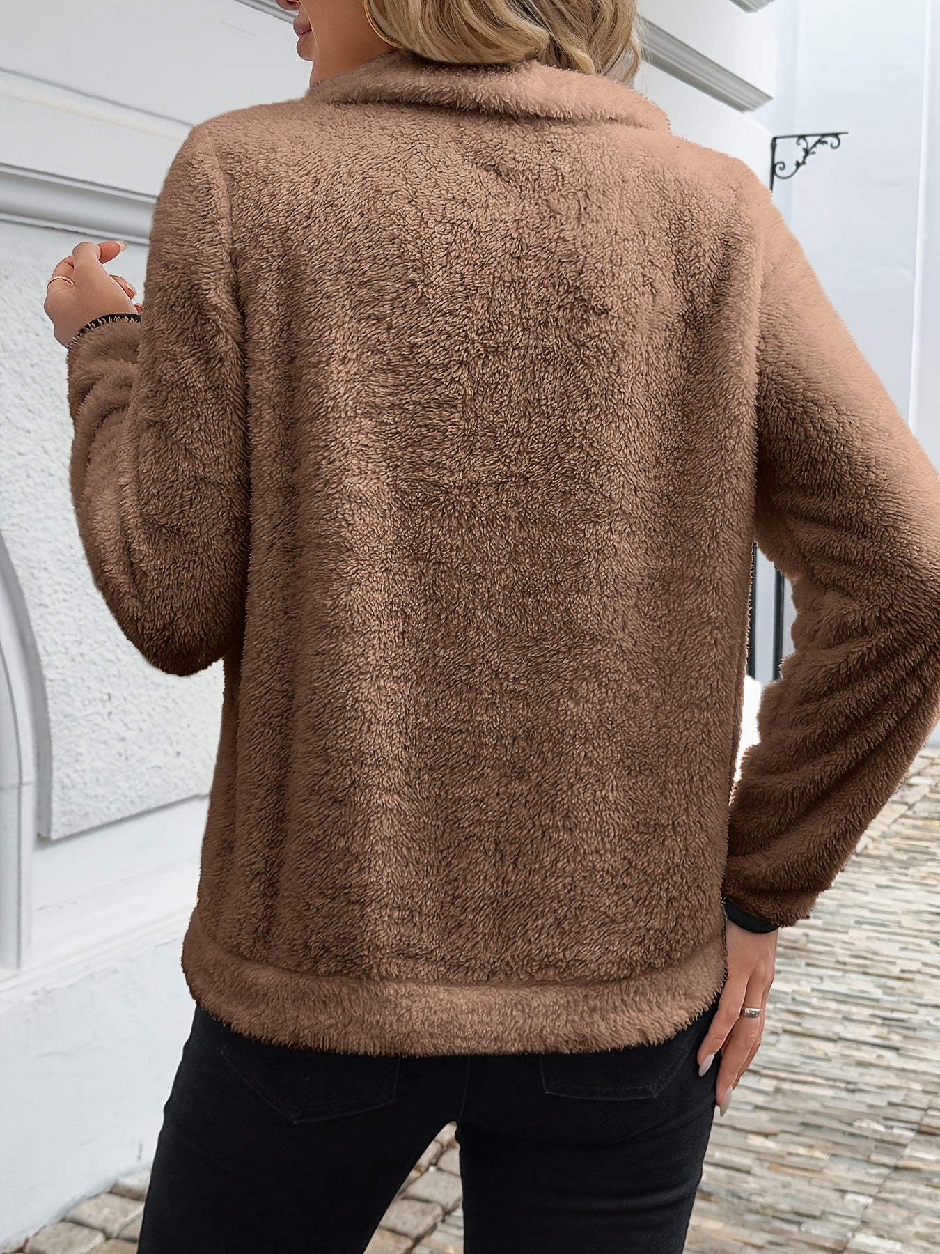 Comfortable Fuzzy Fleece Pullover for Women with Quarter Zip Collar Long Sleeve Kangaroo Pocket Oversized Style