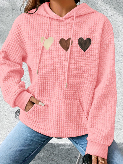 Effortless Heart Print Waffle Knit Hoodie for Women with Drawstring Hood Long Sleeve Oversized Relaxed Style