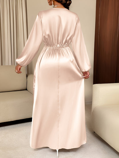 Elegant Satin Wrap Maxi Dress for Women with V Neck Bishop Sleeve Pleated Waist High Slit Flowing Style