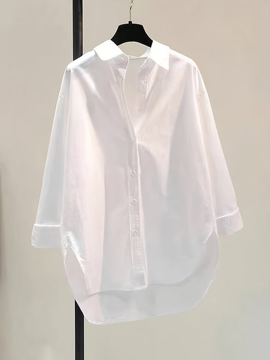 Effortless Oversized Blouse for Women with Point Collar Long Sleeve High Low Curved Hem Relaxed Style