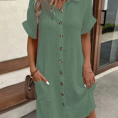 Effortless Textured Cotton Shirt Dress for Women with Collar Short Sleeve Button Front Relaxed Casual Style
