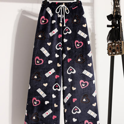Comfortable Printed Fleece Pajama Pants for Women with High Waist Drawstring Wide Leg Cozy Style