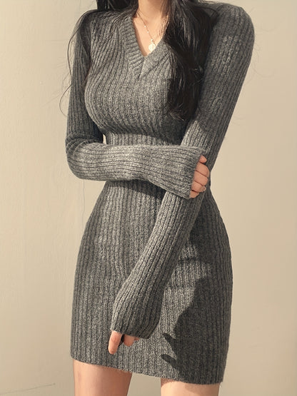 Elegant Ribbed Sweater Mini Dress for Women with V Neck Long Sleeve Bodycon Knit Style
