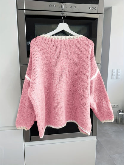Comfortable Contrast Trim Sweater for Women with Crew Neck Long Sleeve Relaxed Oversized Knit Style