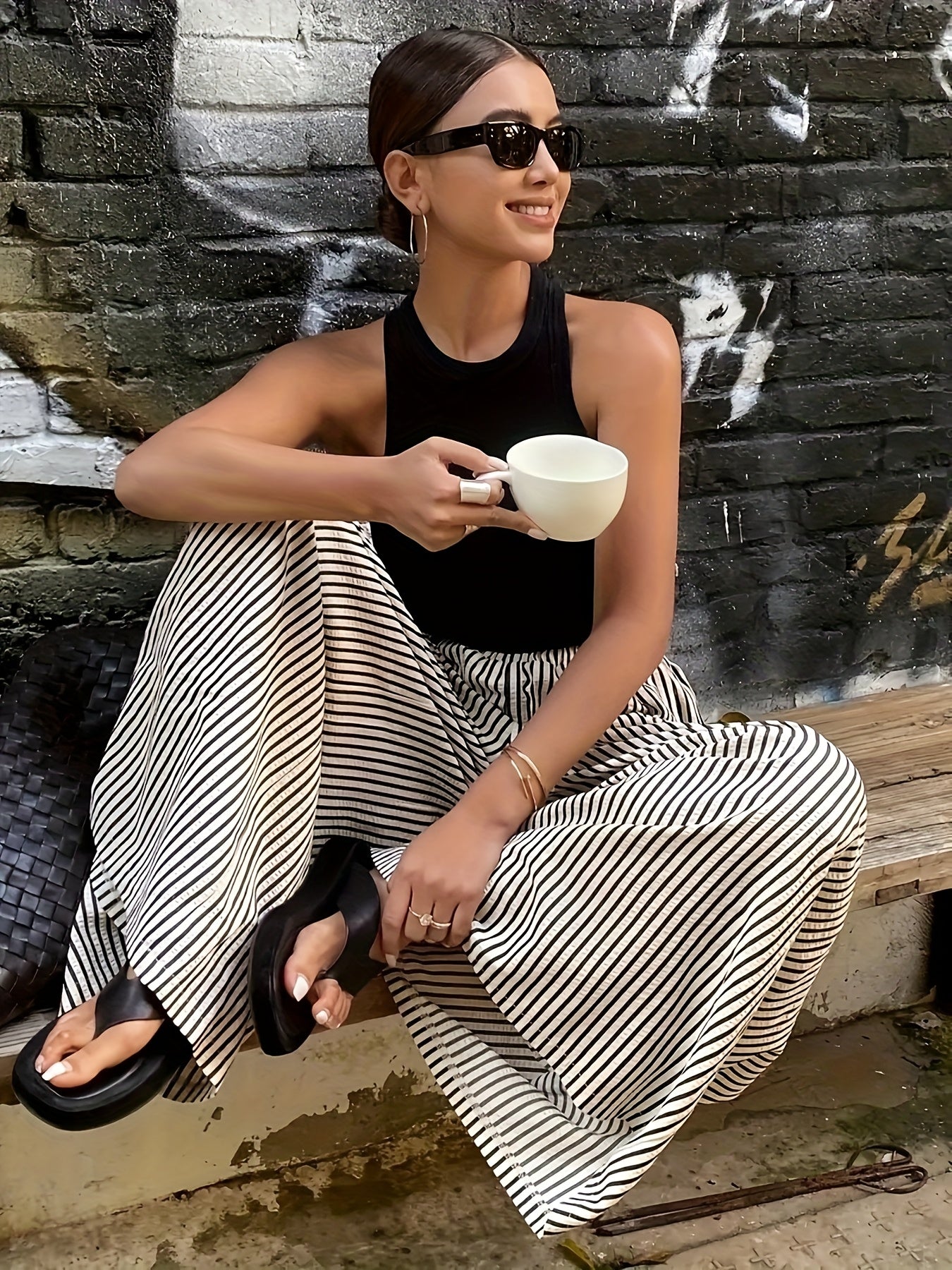 Effortless Apricot Striped Wide Leg Pants for Women with High Waist Flowing Palazzo Casual Style