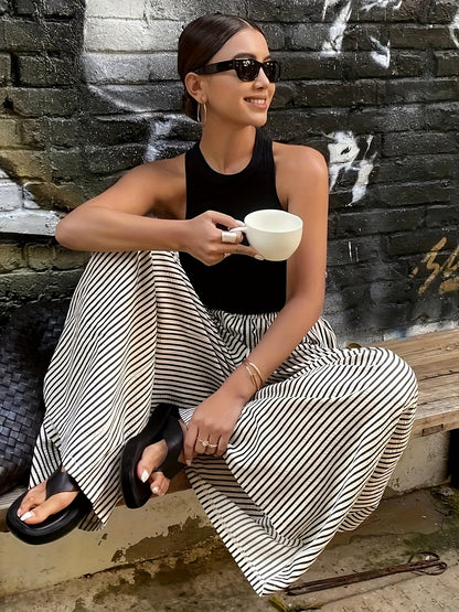 Effortless Apricot Striped Wide Leg Pants for Women with High Waist Flowing Palazzo Casual Style
