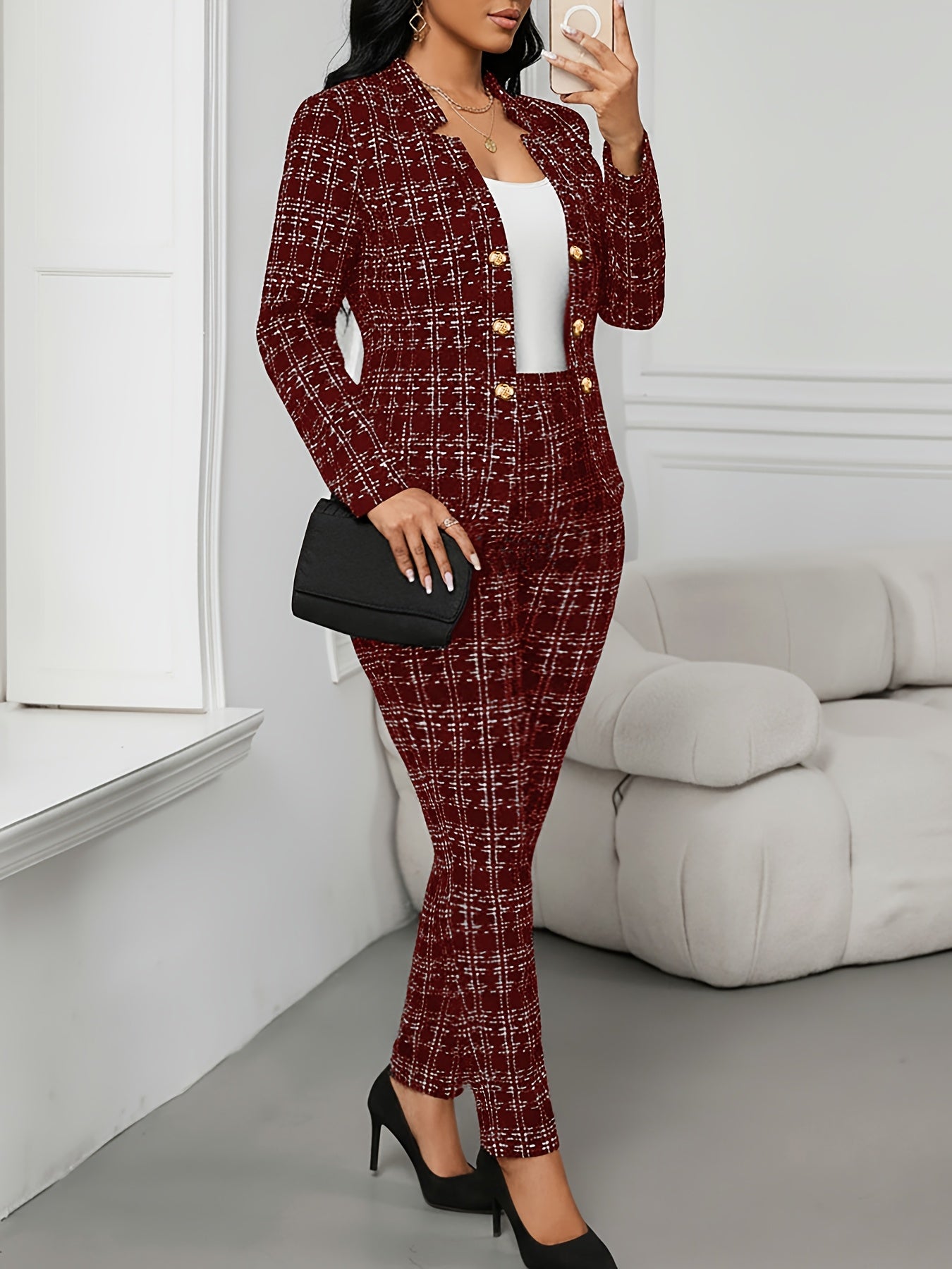 Elegant Plaid Tweed Two Piece Set for Women with Stand Collar Double Breasted Jacket Tailored Pant Formal Style