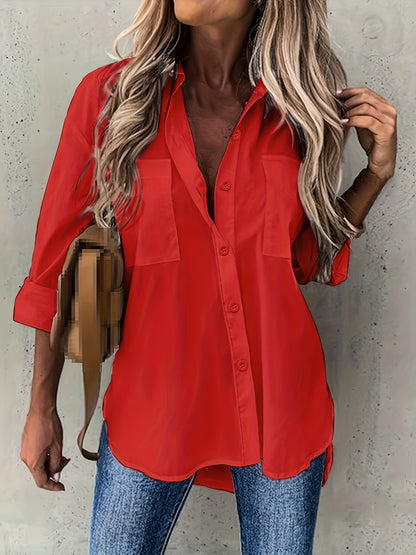 Effortless Button Front Blouse for Women with Collar V Neck Long Sleeve Relaxed Style