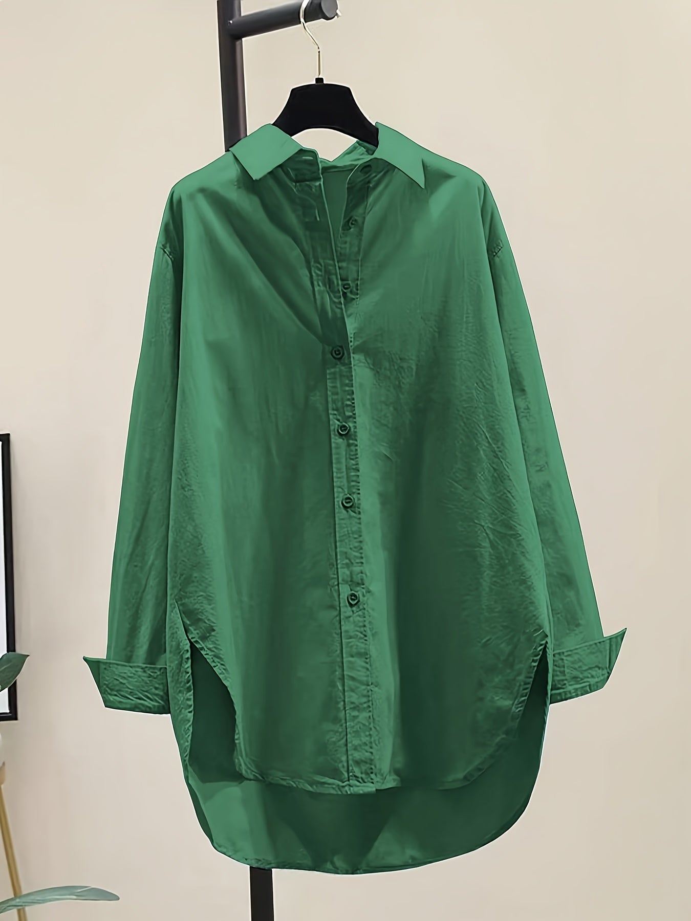 Effortless Oversized Blouse for Women with Point Collar Long Sleeve High Low Curved Hem Relaxed Style