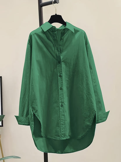 Effortless Oversized Blouse for Women with Point Collar Long Sleeve High Low Curved Hem Relaxed Style