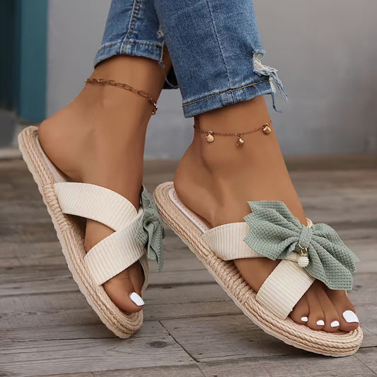 Comfortable Flat Sandals for Women with Bow Detail Crossover Strap Espadrille Trim Open Toe Style