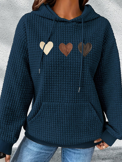 Effortless Heart Print Waffle Knit Hoodie for Women with Drawstring Hood Long Sleeve Oversized Relaxed Style