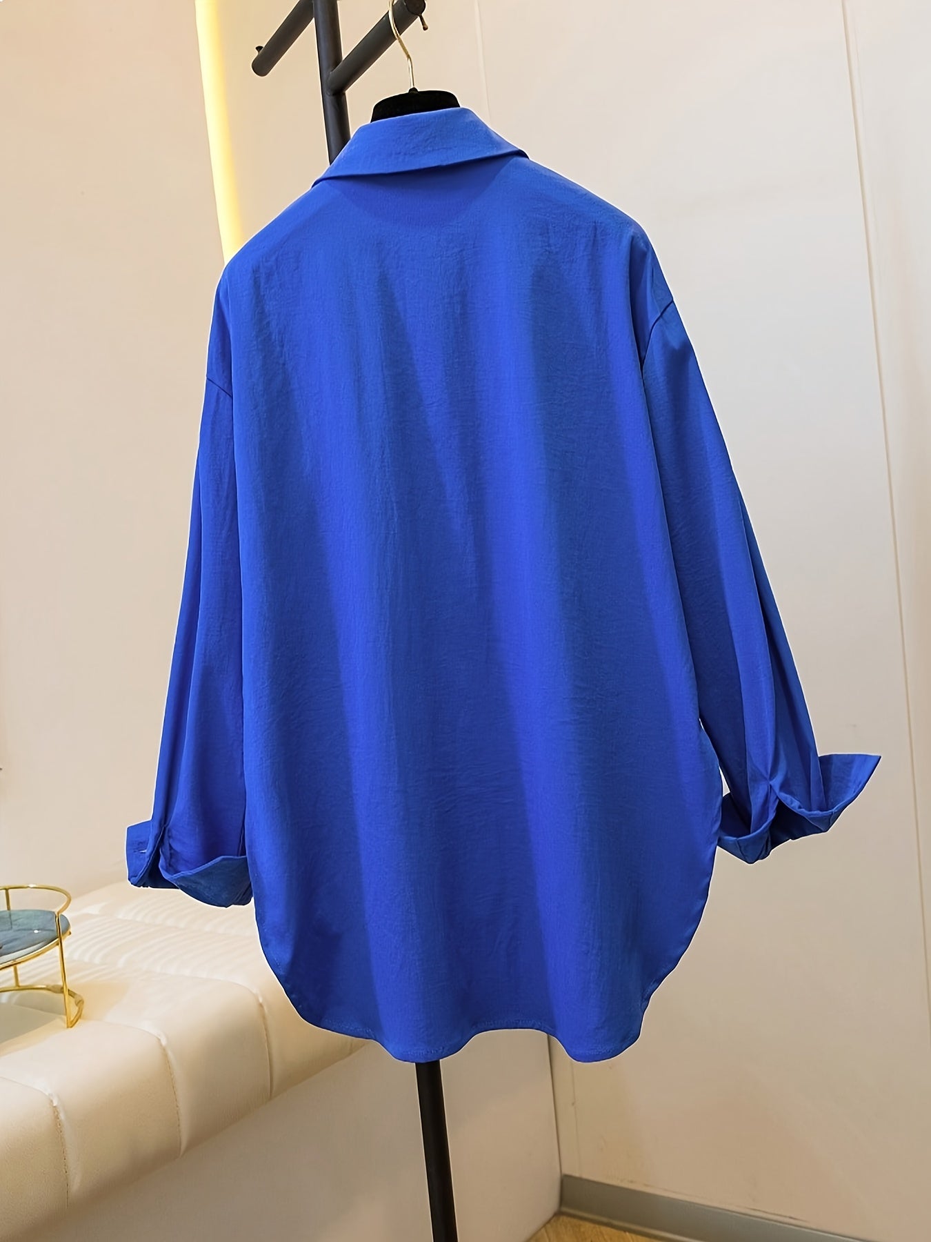 Effortless Oversized Blouse for Women with Point Collar Long Sleeve High Low Curved Hem Relaxed Style