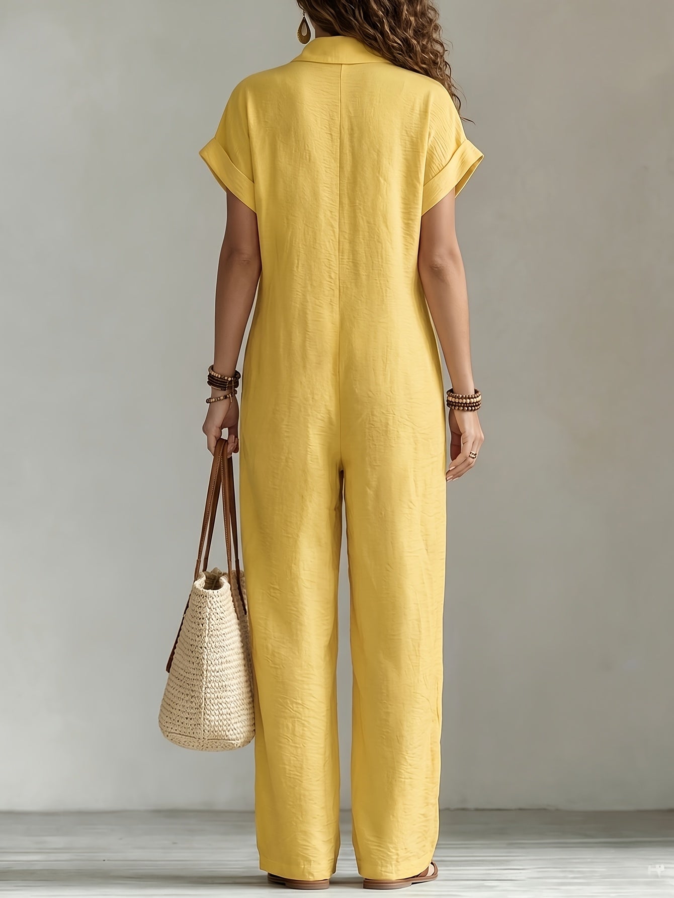 Effortless Linen Wide Leg Jumpsuit for Women with Collar Short Sleeve Button Front Relaxed Style