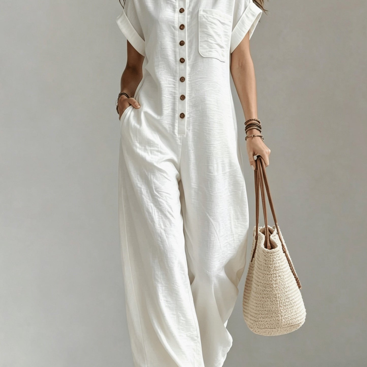 Effortless Linen Wide Leg Jumpsuit for Women with Collar Short Sleeve Button Front Relaxed Style
