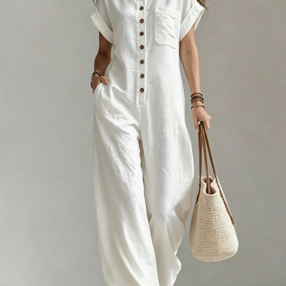Effortless Linen Wide Leg Jumpsuit for Women with Collar Short Sleeve Button Front Relaxed Style