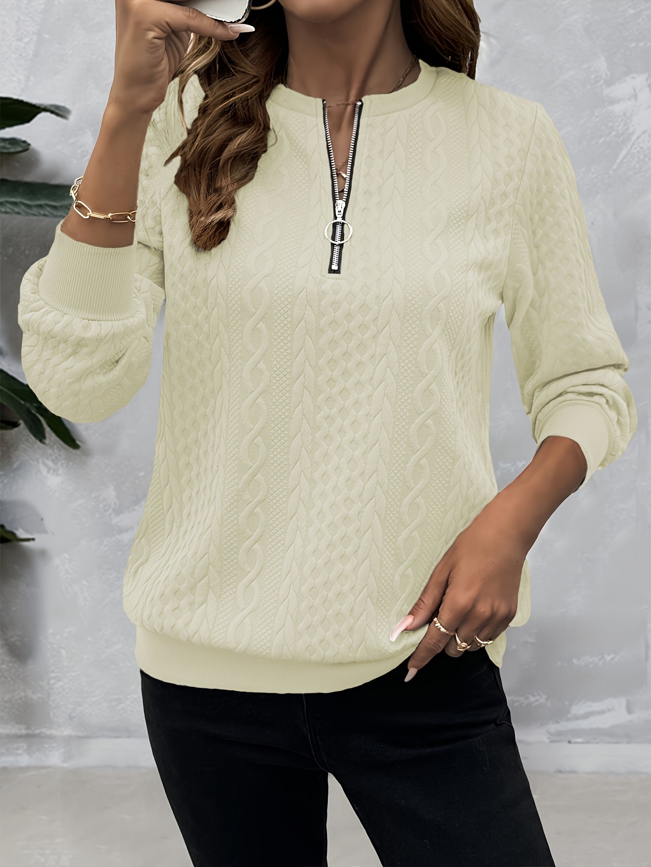 Comfortable Cable Knit Sweater for Women with Quarter Zip Mock Neck Long Sleeve Relaxed Casual Style