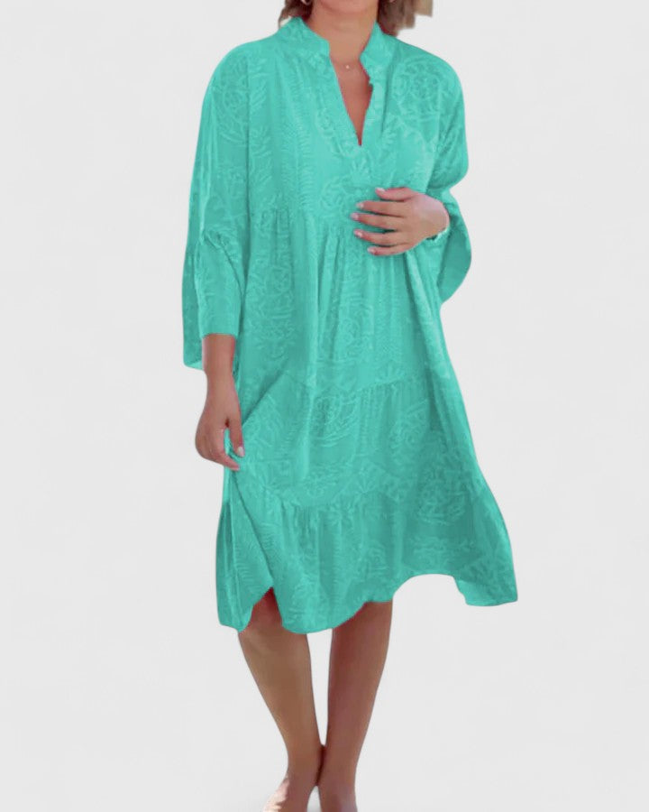 Effortless Tribal Print Kaftan Dress for Women with V Neck Bell Sleeve Tiered Side Slit Bohemian Style