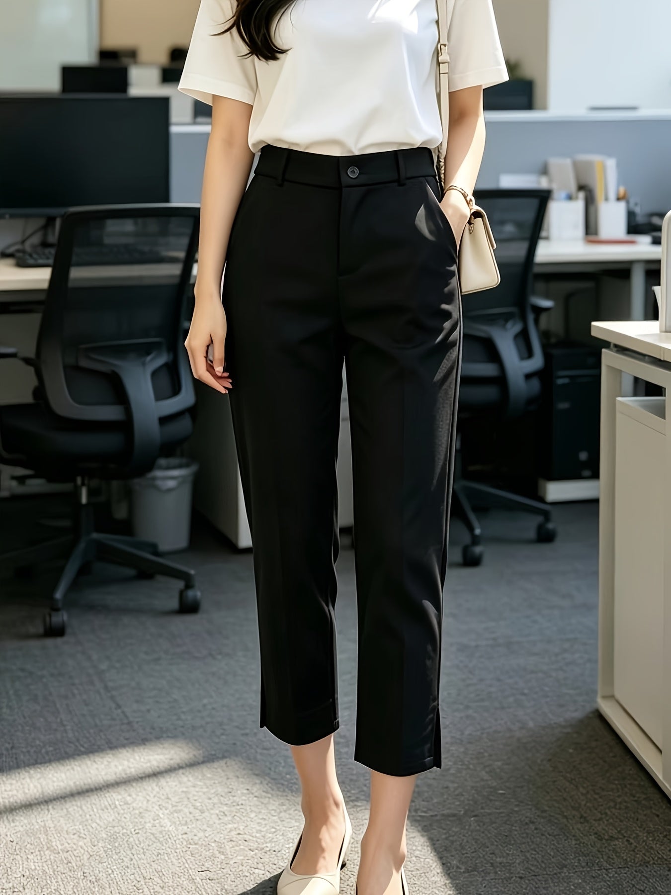 Elegant Tailored Dress Pants for Women with High Waist Button Front Side Slit Cropped Style