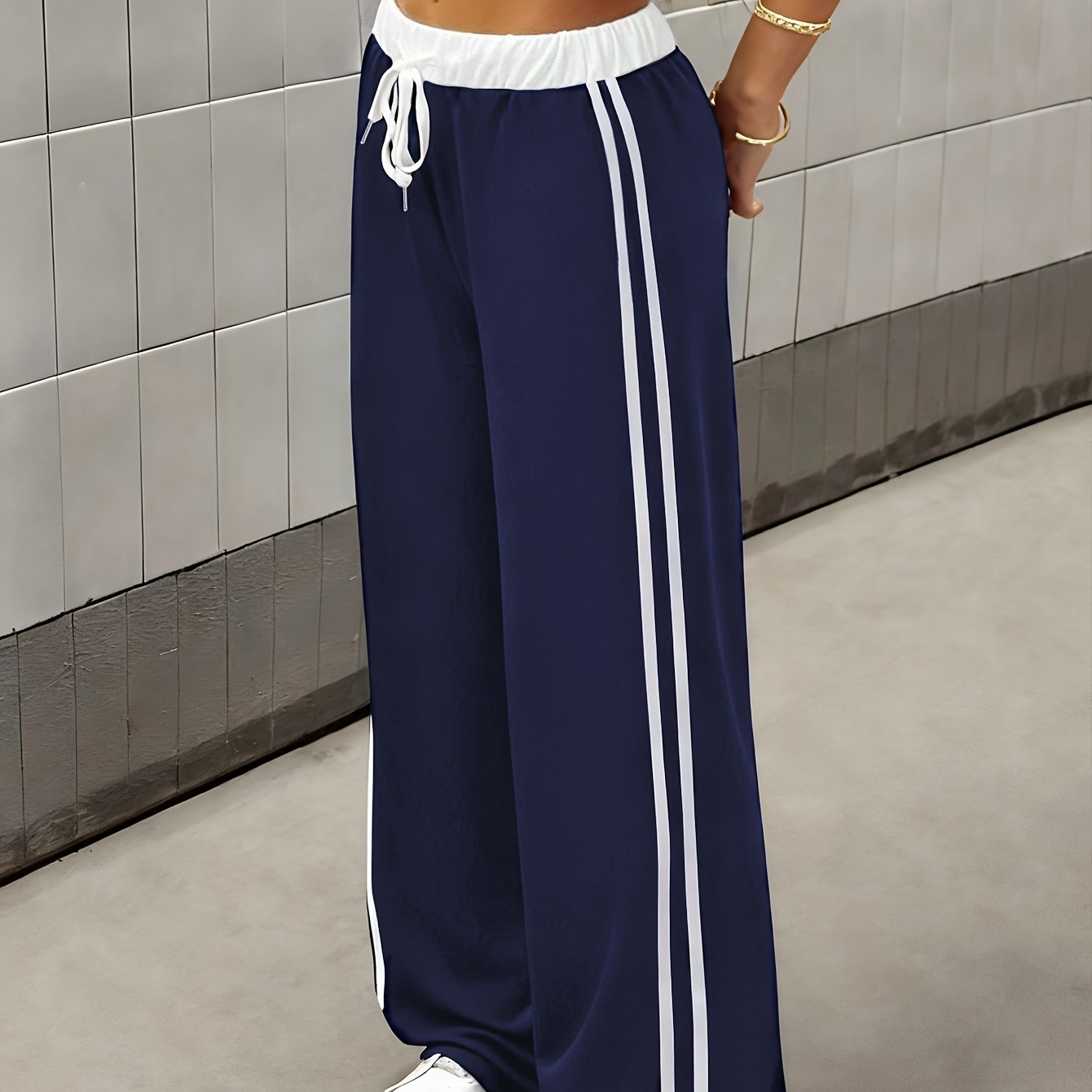 Effortless Side Stripe Wide Leg Pants for Women with High Waist Drawstring Relaxed Track Style