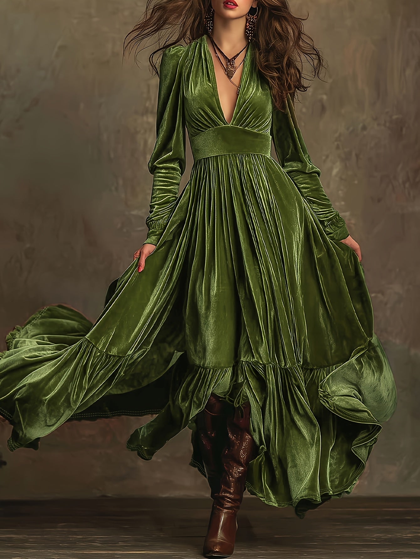 Elegant Velvet Maxi Dress for Women with Plunging V Neck Long Sleeve Tiered Ruffle Flowing Style