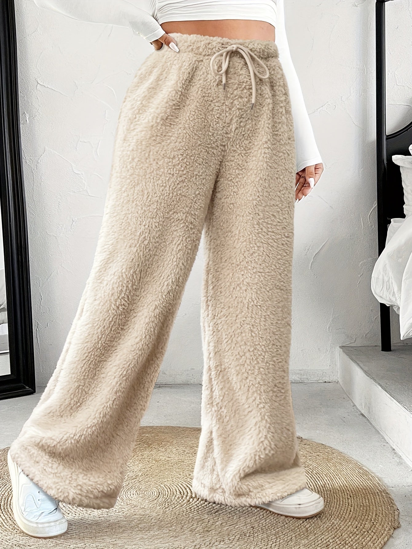 Effortless Fuzzy Fleece Wide Leg Pants for Women with High Waist Drawstring Relaxed Cozy Style