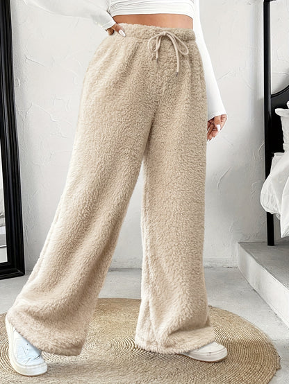 Effortless Fuzzy Fleece Wide Leg Pants for Women with High Waist Drawstring Relaxed Cozy Style