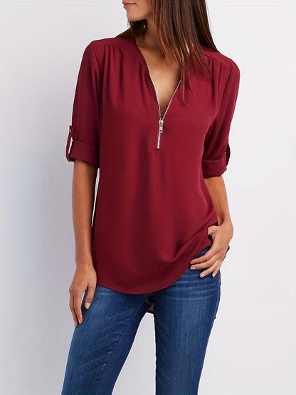 Effortless Chiffon Blouse for Women with V Neck Zip Front Roll Tab Sleeve Relaxed Style