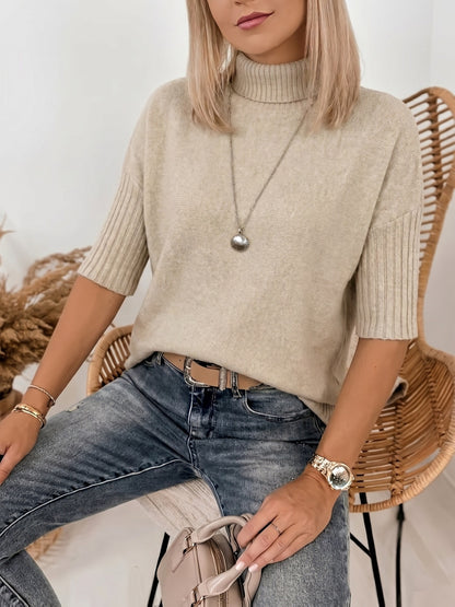 Comfortable Ribbed Knit Sweater for Women with Turtleneck Elbow Sleeve Relaxed Oversized Style