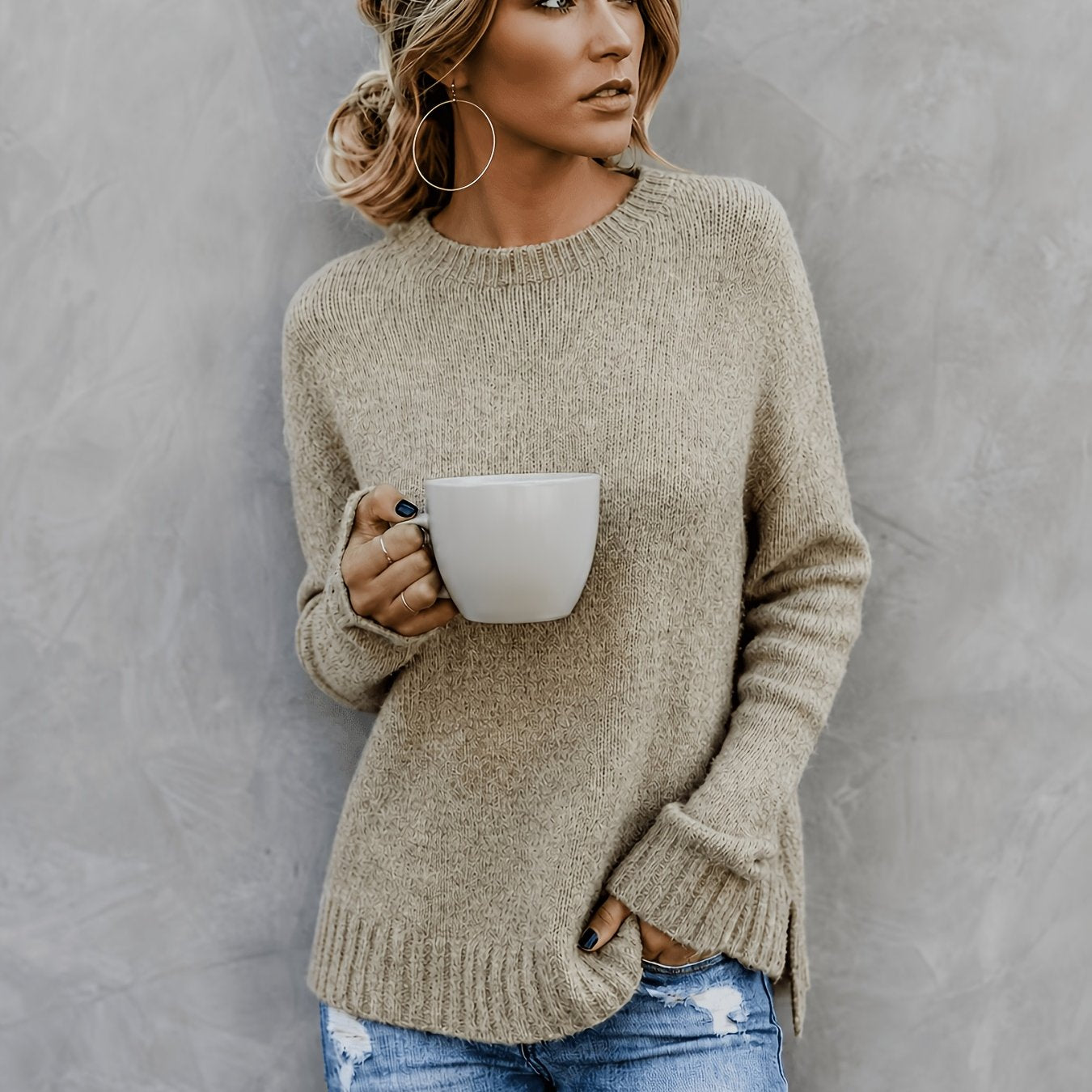 Comfortable Knit Sweater for Women with Crew Neck Bell Sleeve Side Slit Oversized Style
