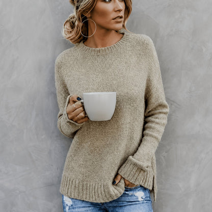 Comfortable Knit Sweater for Women with Crew Neck Bell Sleeve Side Slit Oversized Style