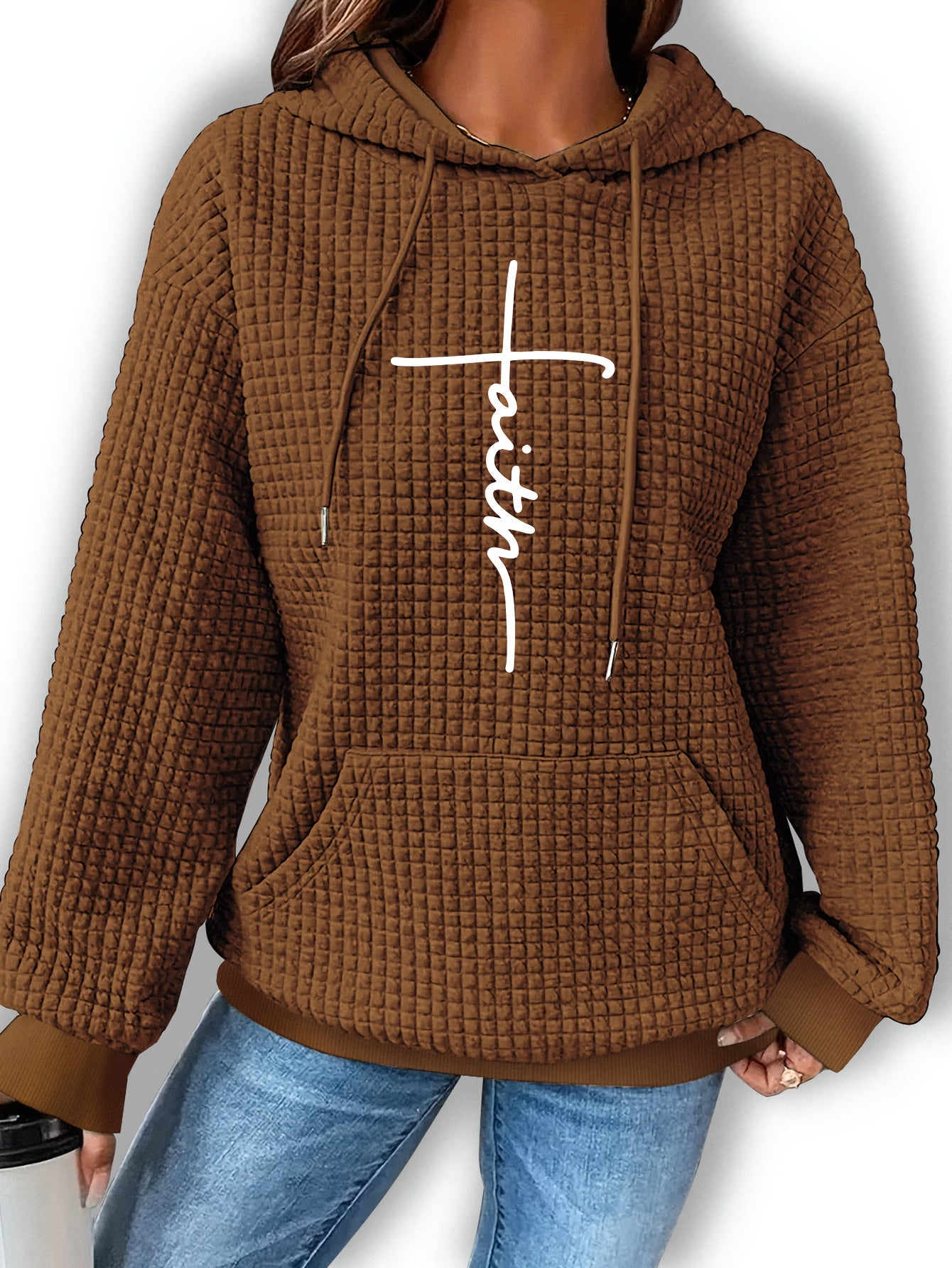 Comfortable Waffle Knit Graphic Hoodie for Women with Drawstring Long Sleeve Kangaroo Pocket Oversized Style