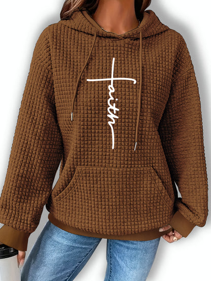 Comfortable Waffle Knit Graphic Hoodie for Women with Drawstring Long Sleeve Kangaroo Pocket Oversized Style