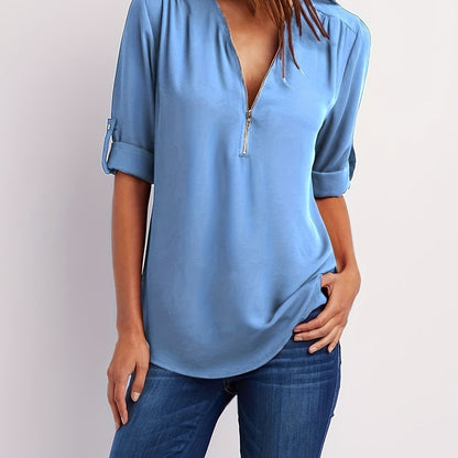 Effortless Chiffon Blouse for Women with V Neck Zip Front Roll Tab Sleeve Relaxed Style